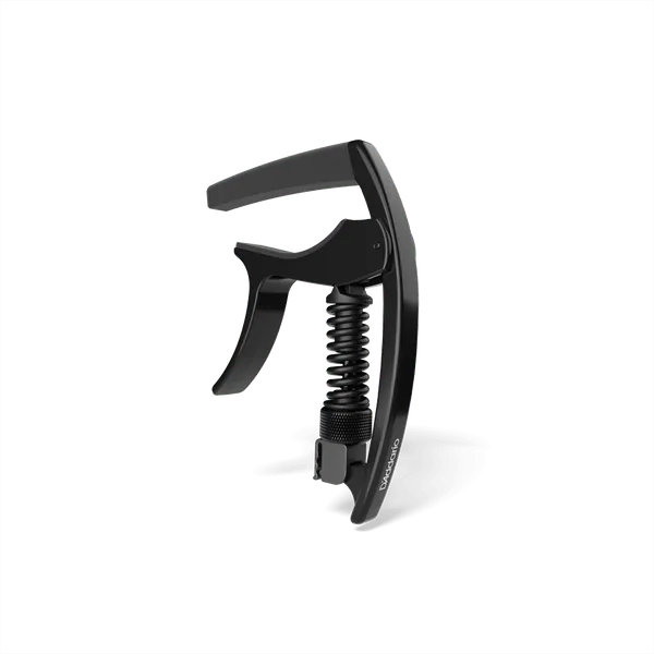 Black D'Addario Tri-Action adjustable spring guitar capo