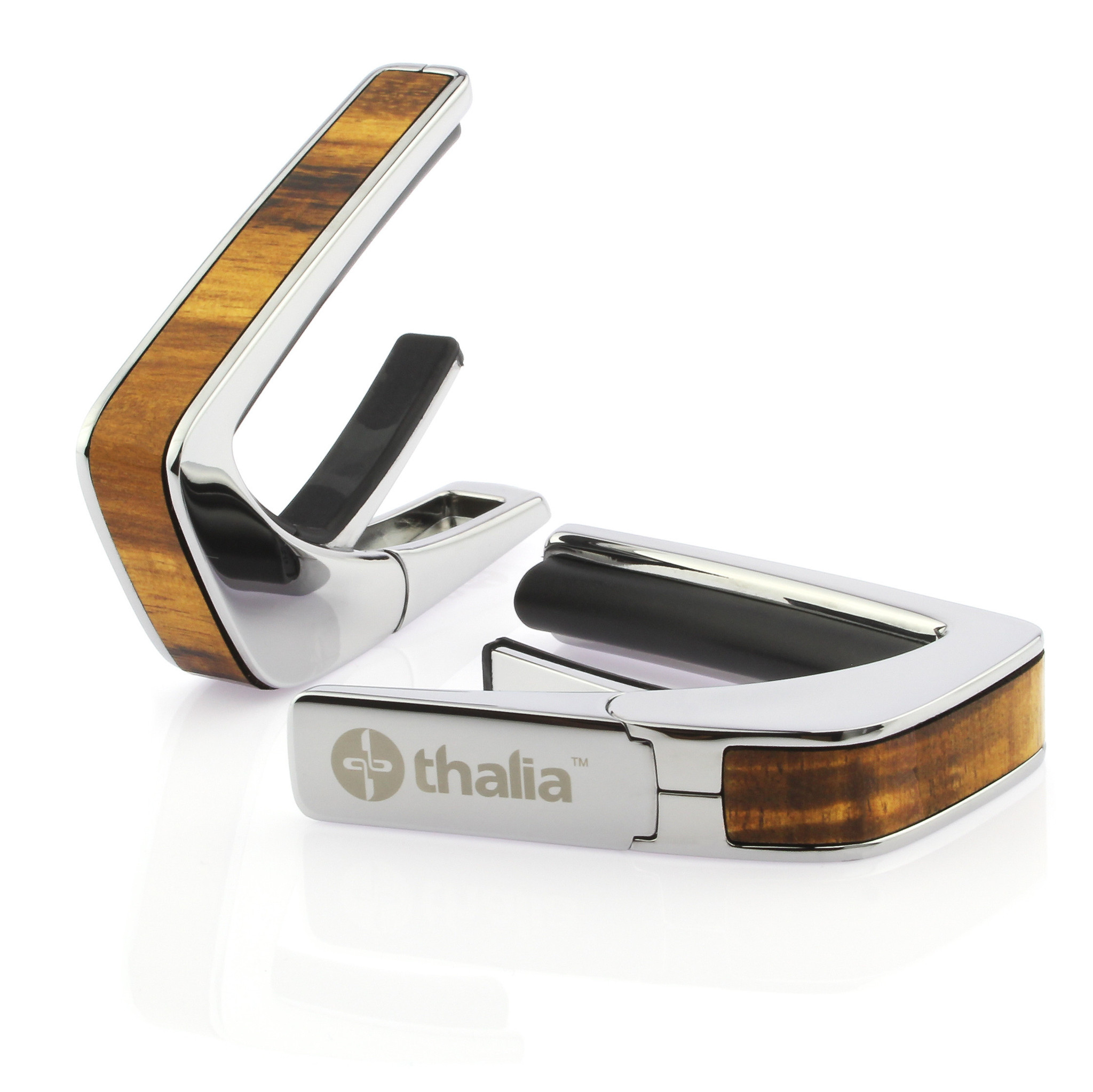 Chrome Thalia 200 guitar capo with Hawaiian koa inlay